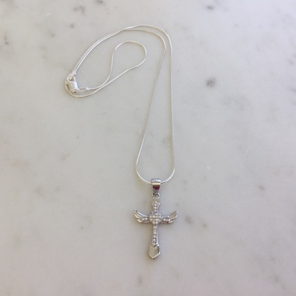 Sterling Silver Cz Cross with Angel Wings Necklace - Picture 3 of 16
